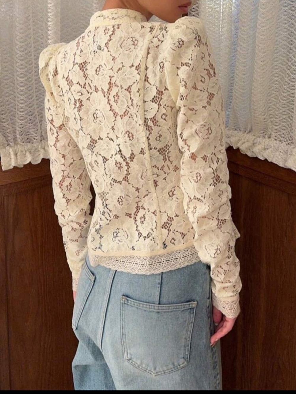 Lace crochet trim mandarin frog button ivory Cream Long-Sleeve Top - Picture 8 of 9